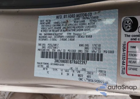 2007 Mercury Milan V6 Premier z USA, uszkodzony, nr VIN 3MEHM08187R602397